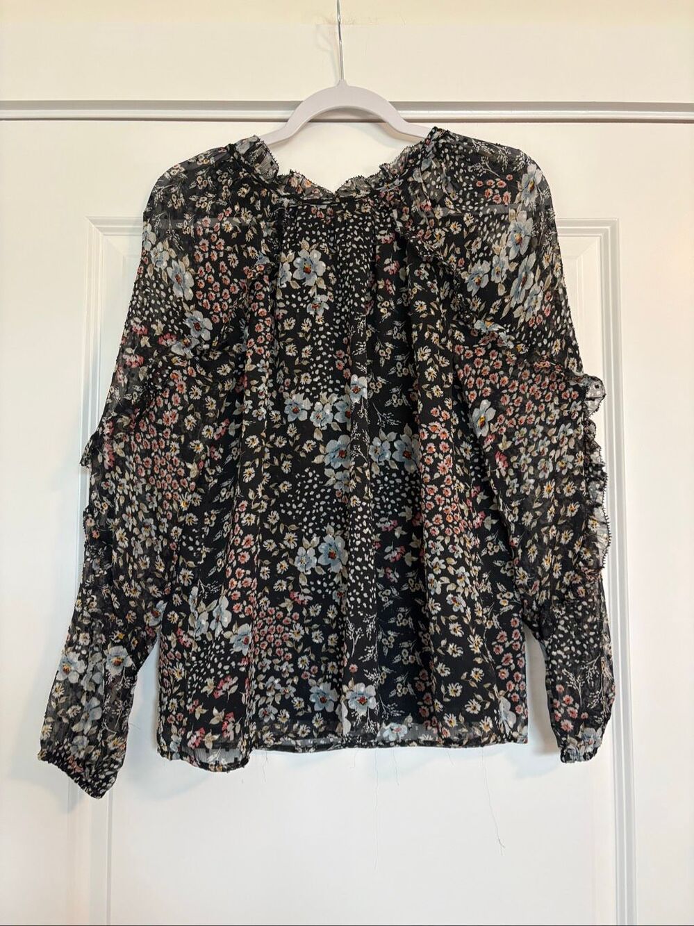 LOFT Black Floral Chiffon Blouse Ruffle Tie Neck Long Sleeve Top Size Small - Picture 2 of 7